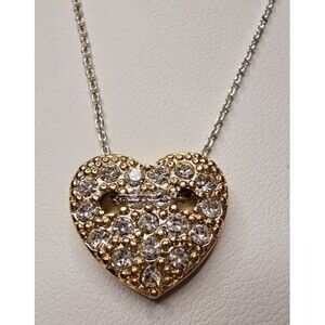 Gold Tone Rhinestone Pave Heart Slide Adjustable Silver Tone Chain Necklace 16"